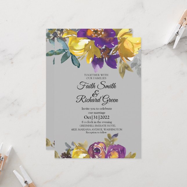 Invitations élégantes de Mariage de automne violet (Devant/Arrière en situation)