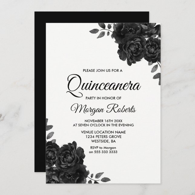 Invitations élégantes de Quinceanera à la rose noi (Devant / Derrière)