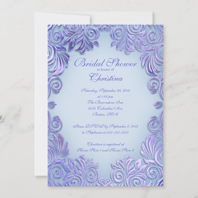 Invitations Élégantes Lilac Blue Leaf Bridal Showe (Devant)