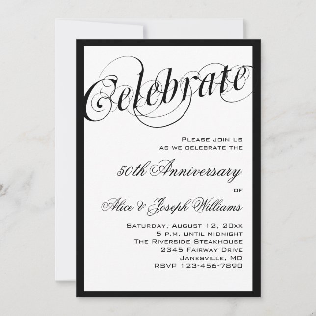 Invitations élégantes noires et cinquantième (Devant)