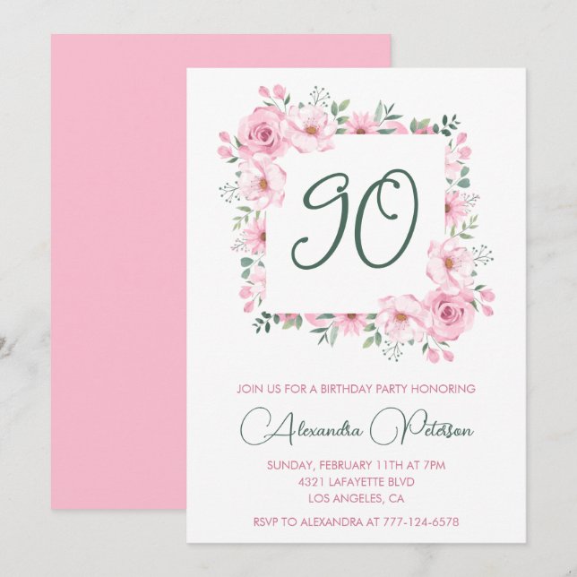 Invitations élégantes pour 90e anniversaire Floral (Devant / Derrière)