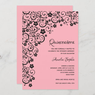 Invitations élégantes Quinceañera noir et rose