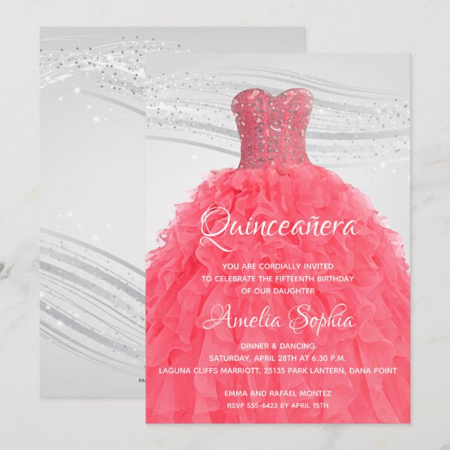 Invitations élégantes Quinceañera Pink Gown (Devant / Derrière)