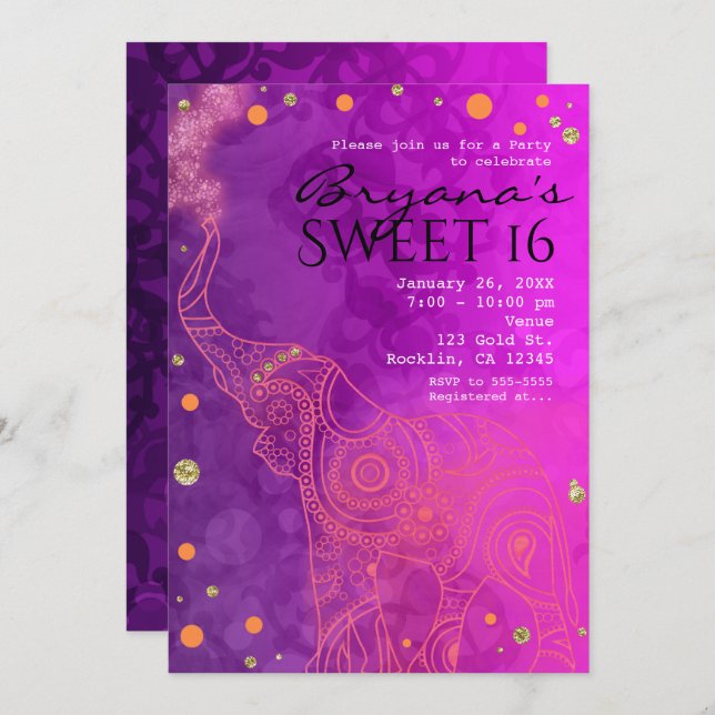 Invitations Elephant violet rose orange et or (Devant / Derrière)