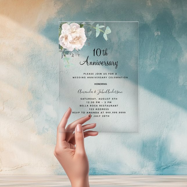 Invitations En Acrylique 10e anniversaire de mariage floral blanc gelé (Créateur téléchargé)