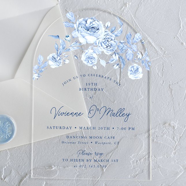 Invitations En Acrylique 19e fête d'anniversaire Dusty Blue Rose Floral Arc (Créateur téléchargé)