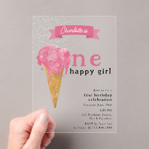 Invitations En Acrylique 1er Anniversaire Un Joyeux Fille Crème de glace ro