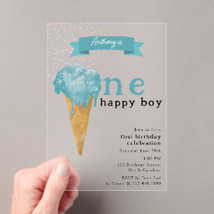 Invitations En Acrylique 1er Anniversaire Un Joyeux Garçon Bleu glace crème