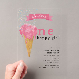 Invitations En Acrylique 1er Premier Anniversaire Une Fille Heureuse Crème 