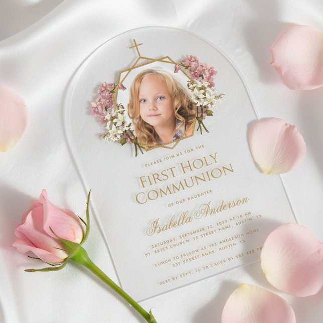Invitations En Acrylique 1st Communion Gold Girl Photo Floral Pink Elegant (Créateur téléchargé)