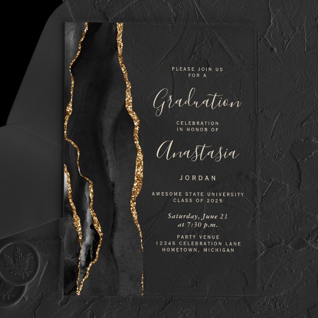 Invitations En Acrylique 2025 Black Gold Agate Gold Texte Graduation (Créateur téléchargé)