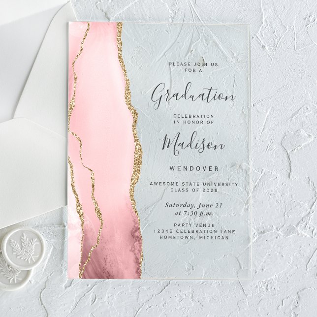 Invitations En Acrylique 2025 Blush Pink Gold Agate Gris Graduation de text (Créateur téléchargé)