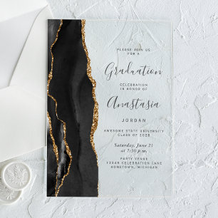 Invitations En Acrylique 2026 Gris Agate Or Noir Texte Remise des diplômes