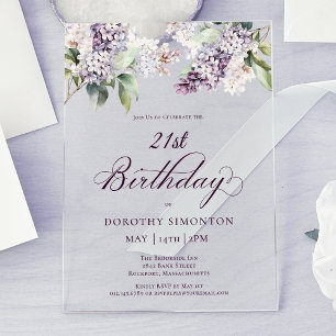 Invitations En Acrylique 21e anniversaire Purple Spring Lilac Fleur