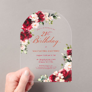 Invitations En Acrylique 21e Anniversaire Rose rouge Peony rose Arc floral