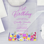 Invitations En Acrylique 21e fête d'anniversaire Purple Boho Fleur sauvage<br><div class="desc">Une jolie frontière fleur sauvage décore le fond de cette invitation pour 21 ans adulte. Les fleurs violettes, bleues, jaunes et oranges créent un design coloré et heureux pour célébrer cet anniversaire marquant. La calligraphie violette moderne et simple ajoute une touche tendance pour la garder fraîche. Le flux de lettrage...</div>