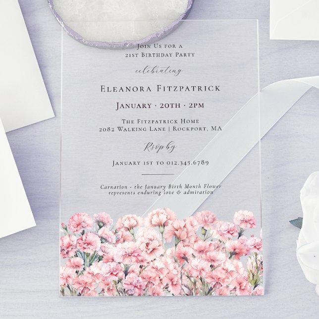 Invitations En Acrylique 21st Birthday Pink Carnation January Birth Flower (Créateur téléchargé)