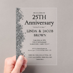 Invitations En Acrylique 25e Anniversaire de Mariage Faux Paillettes d'Arge