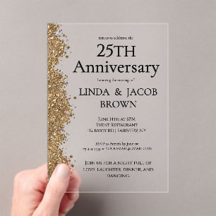 Invitations En Acrylique 25e Anniversaire de Mariage Or Faux Paillettes