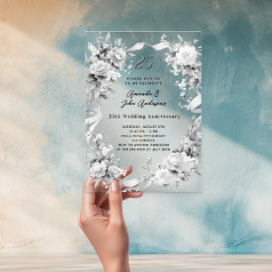 Invitations En Acrylique 25e anniversaire du mariage florale argent clair