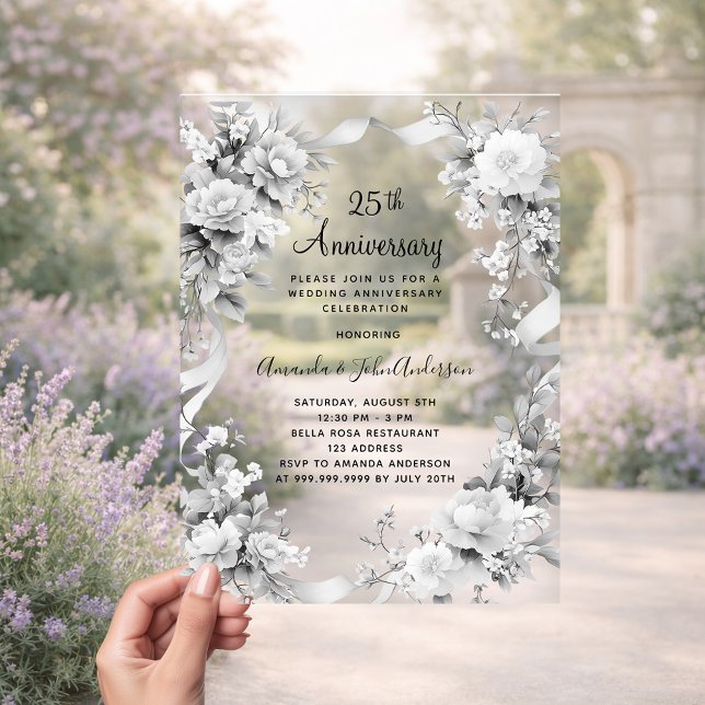 Invitations En Acrylique 25e anniversaire du mariage les fleurs d'argent ge (Créateur téléchargé)