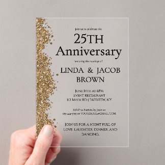 Invitations En Acrylique 25th Wedding Anniversary Gold Faux Glitter