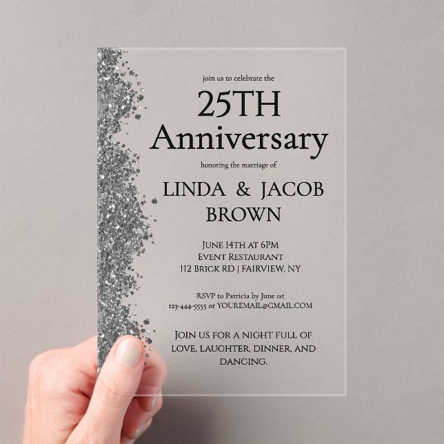 Invitations En Acrylique 25th Wedding Anniversary Silver Faux Glitter  (In situ (ordinateur de poche))