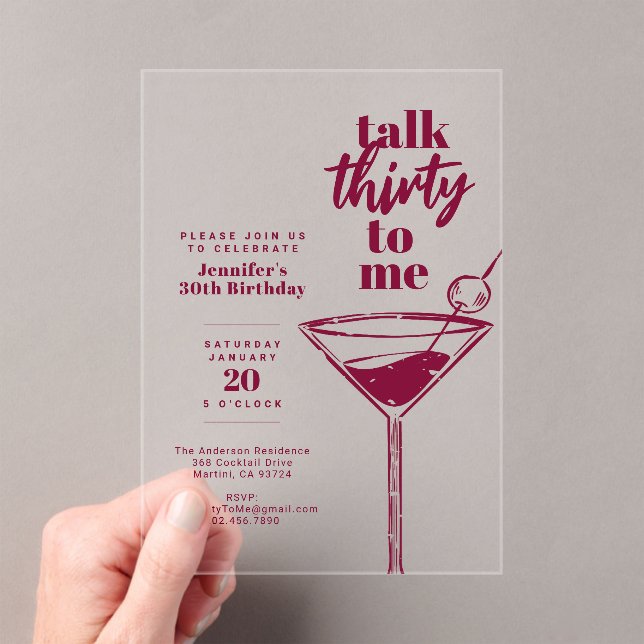 Invitations En Acrylique 30th Cocktail Birthday Pink Talk Thirty To Me  (In situ (ordinateur de poche))