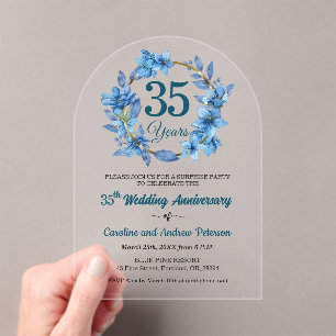 Invitations En Acrylique 35e anniversaire de mariage surprise fleurs bleues