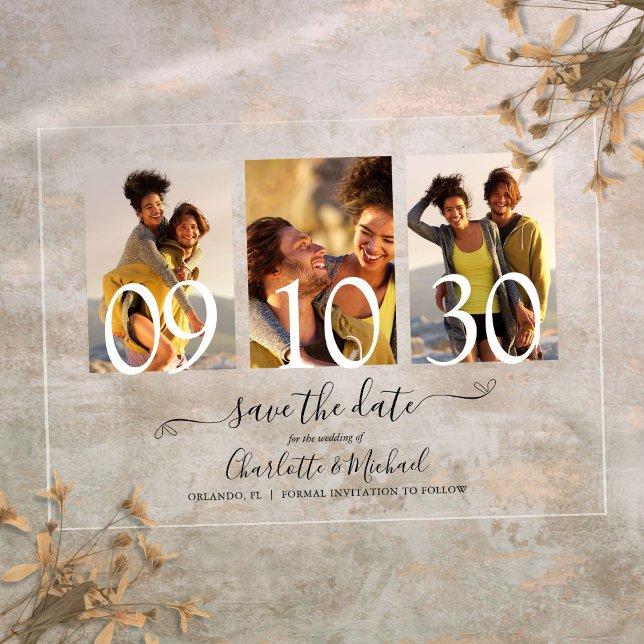 Invitations En Acrylique 3 Photo Signature Script Mariage Save The Date (3 Photo Signature Script Wedding Save The Date Acrylic Invitations)