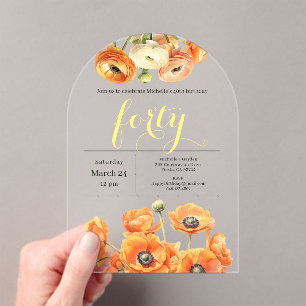 Invitations En Acrylique 40e anniversaire Jardin moderne Orange Fleurs blan