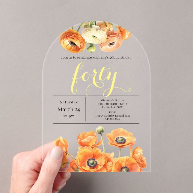 Invitations En Acrylique 40e anniversaire Jardin moderne Orange Fleurs blan (In situ (ordinateur de poche))