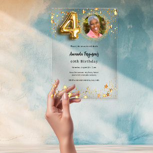 Invitations En Acrylique 40e anniversaire photo étoiles dorées transparente