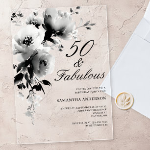 Invitations En Acrylique 50 ans et Fabuleux Fleurs Noir Blanc 50e Anniversa