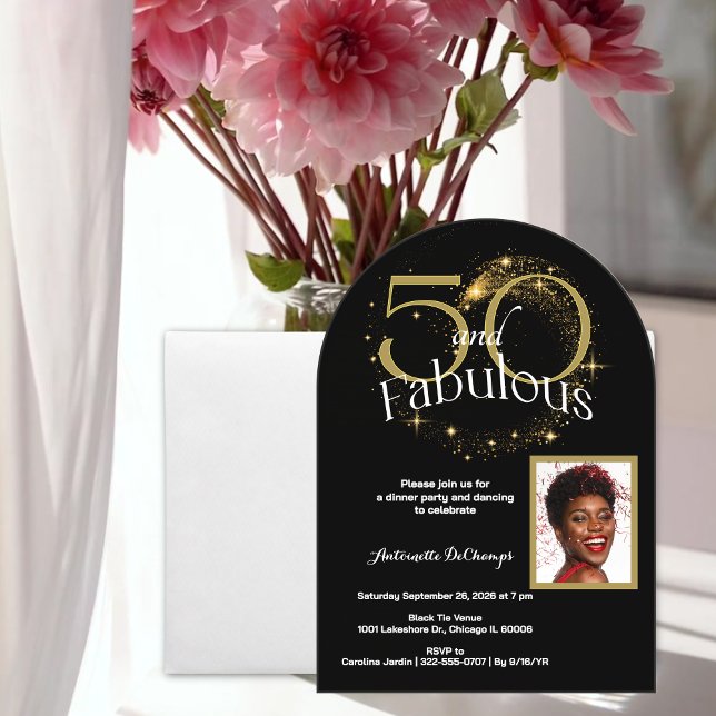 Invitations En Acrylique 50 et Fabulous Customisé photo unique Black Gold (Classy 50 and Fabulous Black Gold Glitter Elegant White Script Acrylic Arch Invitation)