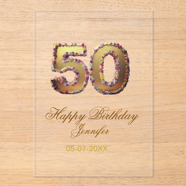 Invitations En Acrylique 50e anniversaire ajouter nom date année or floral  (Recto)