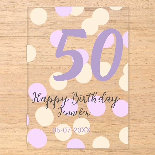 Invitations En Acrylique 50e anniversaire ajouter nom date violet orange po (Recto)