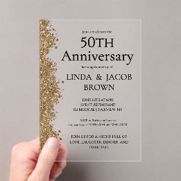 Invitations En Acrylique 50e Anniversaire de Mariage Or Faux Paillettes