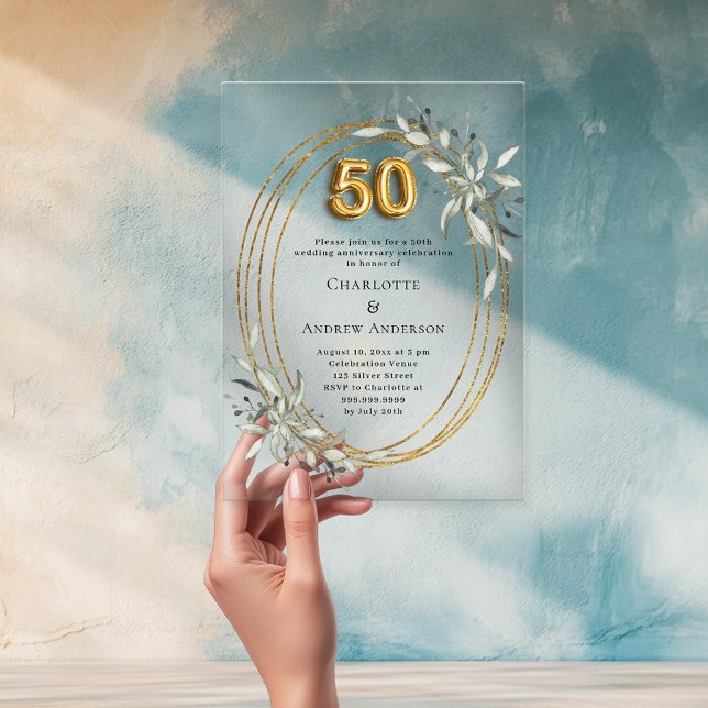 Invitations En Acrylique 50e anniversaire de mariage or verdure clair (Créateur téléchargé)