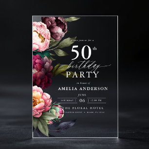 Invitations En Acrylique 50e anniversaire Moody moderne Bourgogne Blush Flo