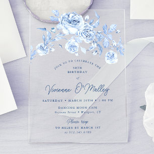 Invitations En Acrylique 50e fête d'anniversaire Dusty Blue Floral