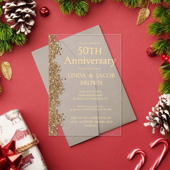 Invitations En Acrylique 50th Wedding Anniversary Gold Faux Glitter  (Insitu (vacances))