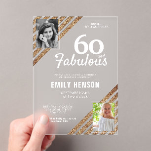 Invitations En Acrylique 60 ans et Fabuleux Paillettes Dorées 2 Photo 60e A