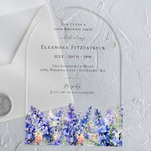 Invitations En Acrylique 60e anniversaire Bleu Larkspur Juillet Arc de fleu