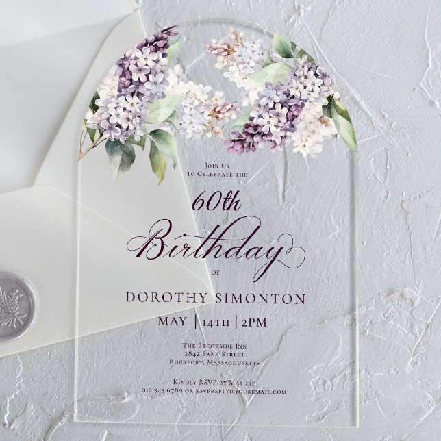 Invitations En Acrylique 60e anniversaire Purple Spring Lilac Arc de fleurs (Créateur téléchargé)