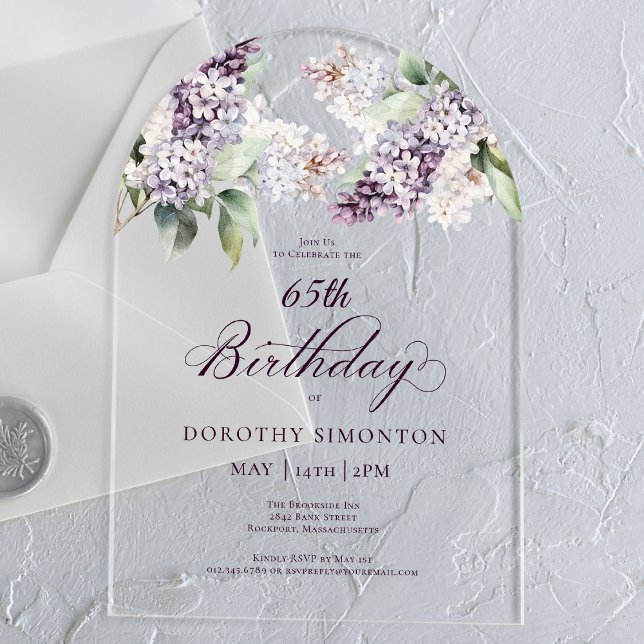 Invitations En Acrylique 65e anniversaire Purple Spring Lilac Arc de fleurs (Créateur téléchargé)