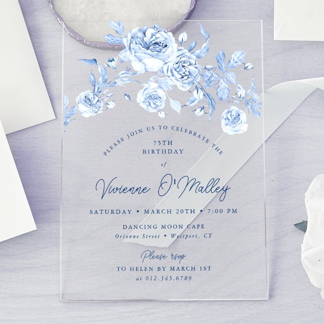 Invitations En Acrylique 75th Birthday Party Dusty Blue Floral (Créateur téléchargé)