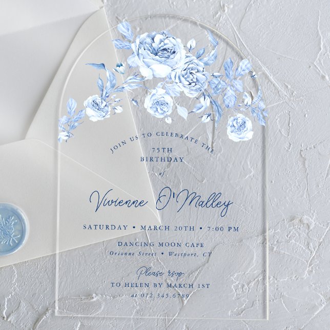 Invitations En Acrylique 75th Birthday Party Dusty Blue Rose Floral Arch (Créateur téléchargé)