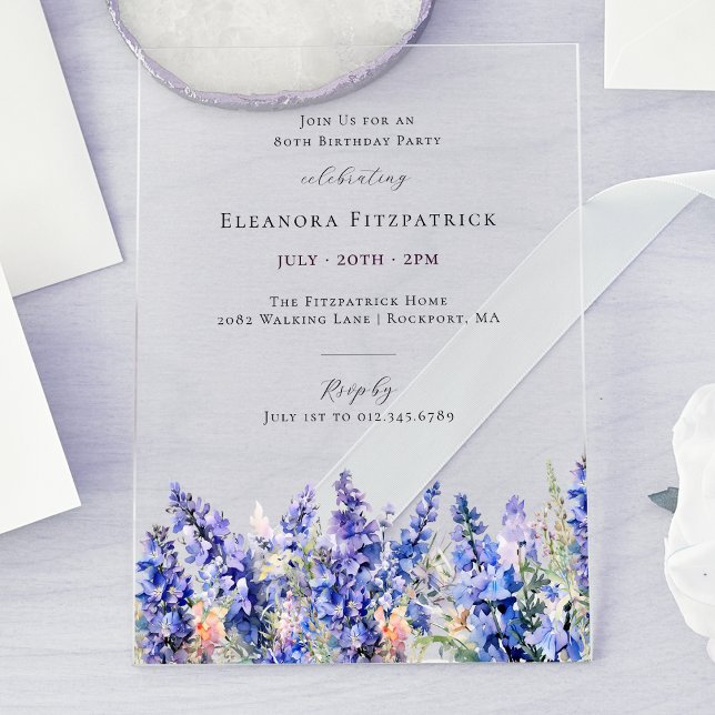 Invitations En Acrylique 80e anniversaire Bleu Larkspur Juillet Fleur de na (Créateur téléchargé)