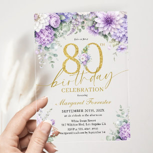 Invitations En Acrylique 80e Anniversaire Poussière de Fleurs Violettes Pai